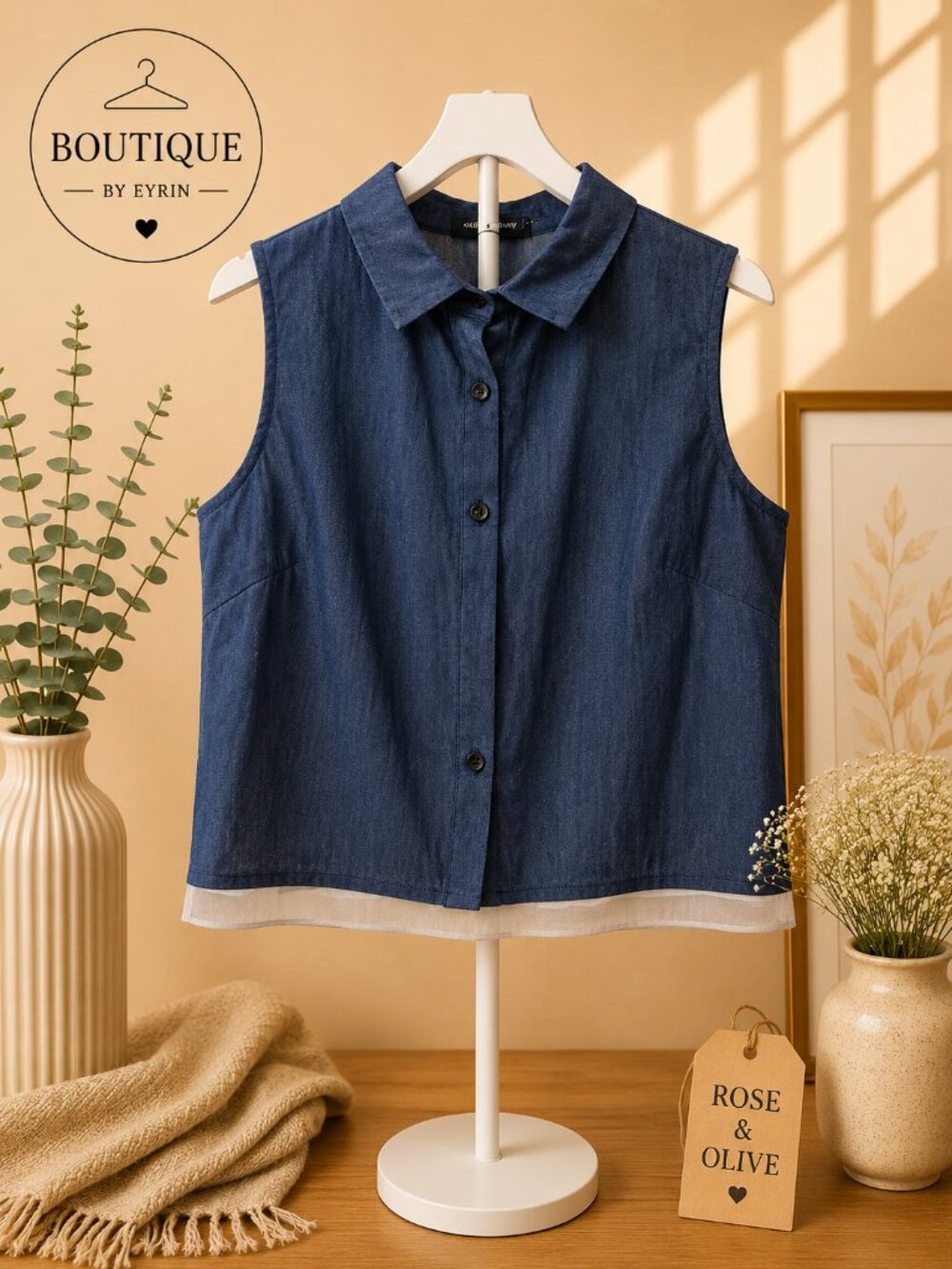 HYPR Sleeveless Chambray Button-Front Blouse – Blue | Size Medium (M)